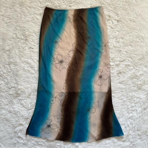 Vintage Dresses & Skirts - Vintage Fabiola USA Skirt Midi Y2K Pull On Sheer Floral Blue Brown Sz L